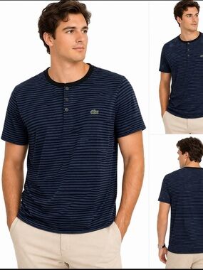 Lacoste Men’s Navy Striped Henley T-Shirt – Size L